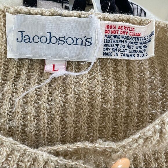 Vintage 80s Jacobson’s Boxy Crop Rib Cardigan Sweater Beige L - Picture 7 of 9